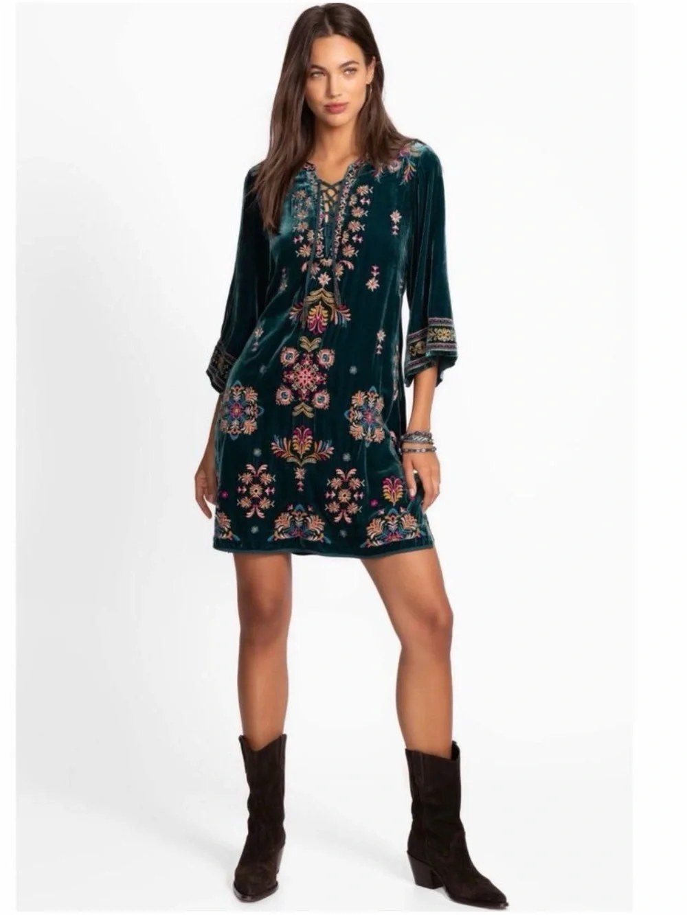 Johnny Was Teal Green Velvet Embroidered Lace-Up Dress - Picture 3 of 5